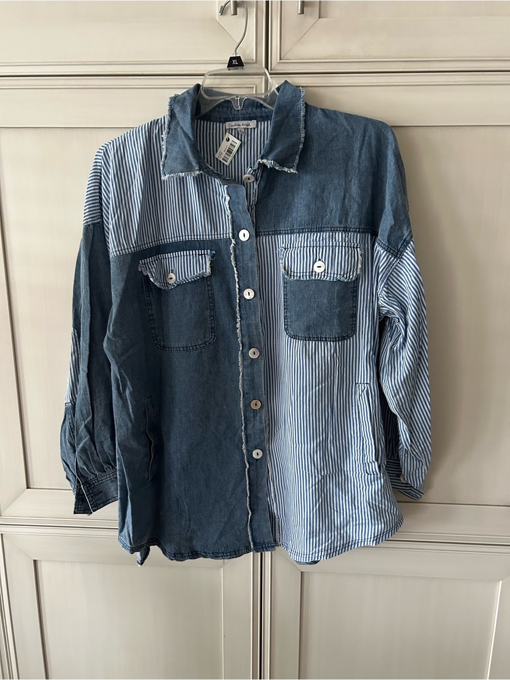 white birch Two-Tone Denim & Stripe Button-Down Shirt